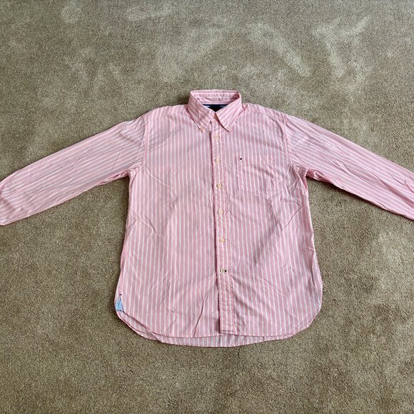 Men's Tommy Hilfiger 1980's Two Ply Cotton Button Down Striped Dress Shirt - Picture 1 of 11